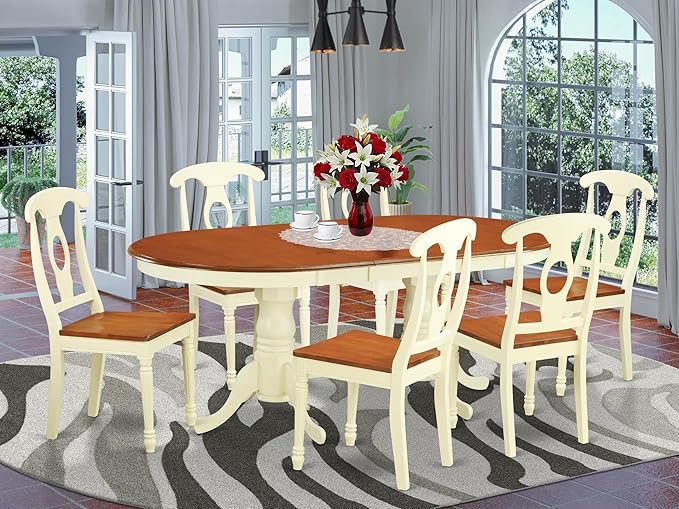 East West Furniture PLKE7-WHI-W 7 Piece Modern Dining Table Set Consist of an Oval Wooden Table with Butterfly Leaf and 6 Dining Chairs, 42x78 Inch, Buttermilk & Cherry
