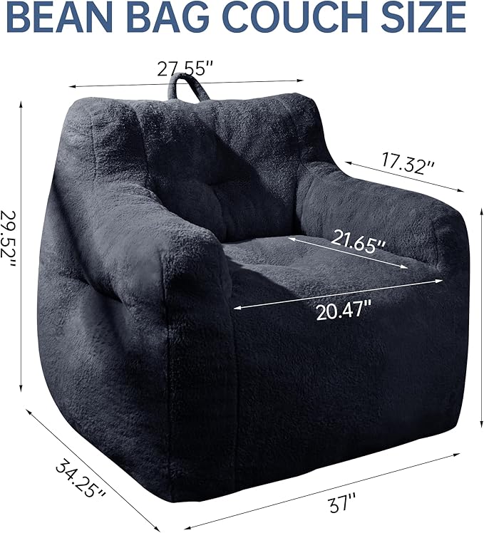 Blue Bean Bag Chair Ultra-Soft Faux Fur Large Bean Bag Couch - Plush Memory Foam BeanBag Chair with Filling, Bedroom Comfy Chair for Adults, Teens, Kids (Blue)