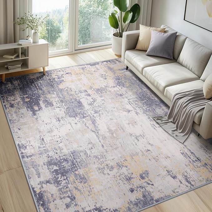 Washable Area Rugs 8'x10' Non-Slip Modern Abstract Soft for Living Room Entryway Bedroom Nursery, Print Pattern, Purple Grey Cream Yellow
