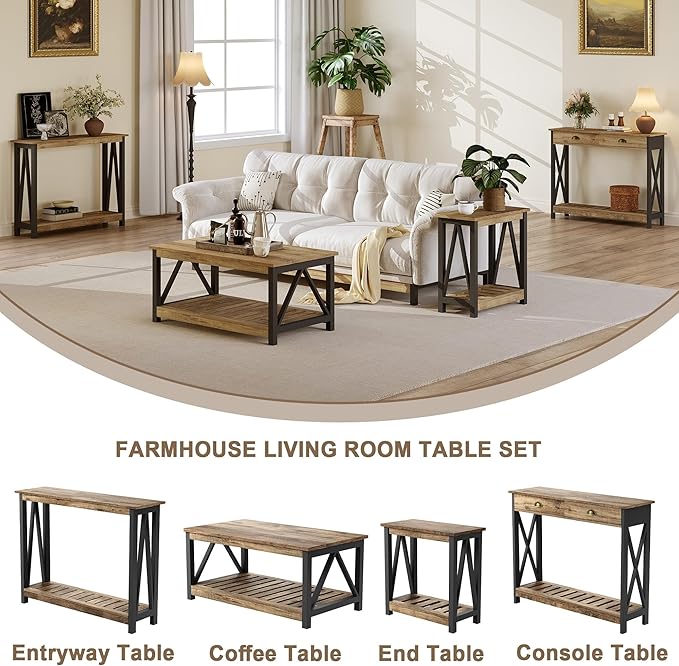 ChooChoo Farmhouse Coffee Table with 2-Tier Storage, 40-Inch Rectangular Wooden Center Table for Living Room, Rustic Oak & Black
