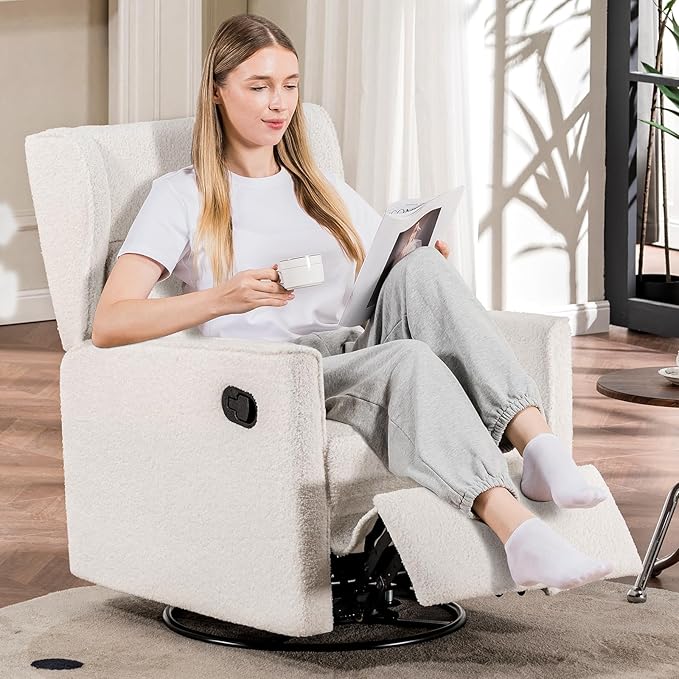 COMHOMA Nursery Rocking Chair Teddy Upholstered Swivel Rocker Recliner Manual Glider Reclining Chair for Living Room Bedroom Offices (Beige, 1 PCS)