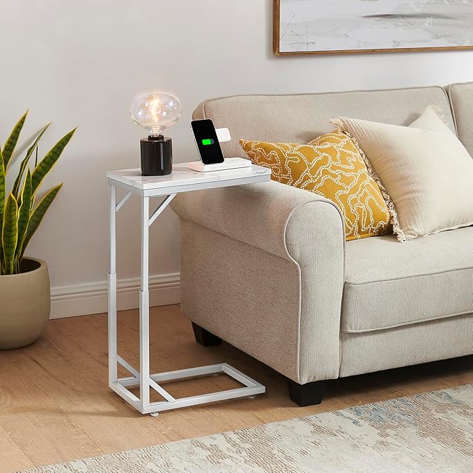 C-Shaped End Table, Small Sofa Table with Metal Frame, Adjustable Height Side Table for Couch, Living Room, Bedroom, Bedside (Silver, Small)