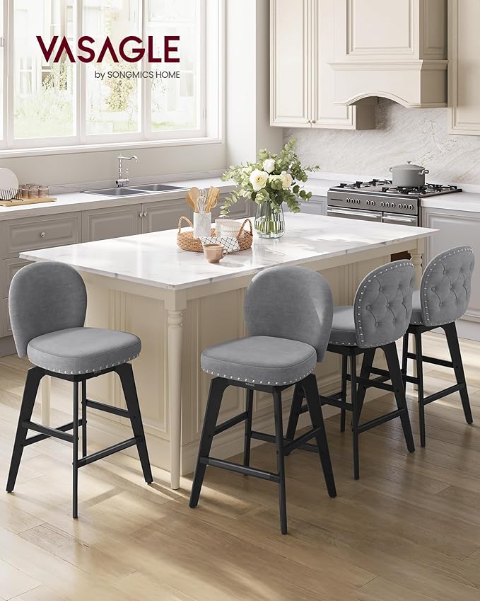VASAGLE Bar Stools Set of 4, Swivel Counter Height Bar Stools with Back and Wood Legs, Chenille Fabric Upholstered Barstools, 26.2-Inch Tall Counter Barstools for Kitchen Island, Slate Gray