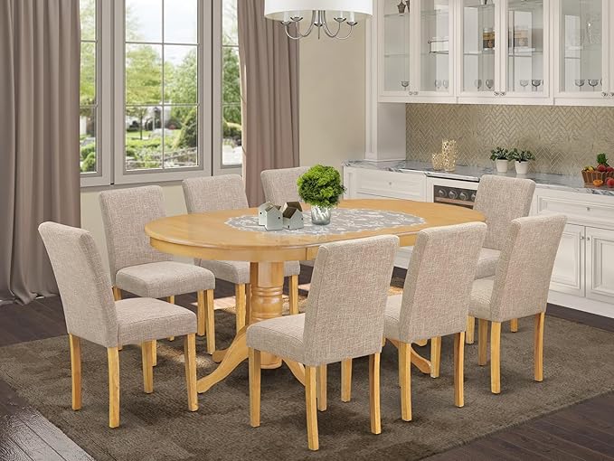 East West Furniture VAAB9-OAK-04 9 Piece Dining Table Set Includes an Oval Dining Room Table with Butterfly Leaf and 8 Light Tan Linen Fabric Parsons Chairs, 40x76 Inch, Oak