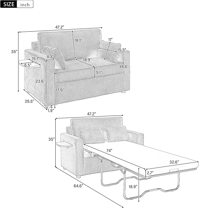 Twin Size Sofa Bed 47.2" Sleeper Sofa Loveseat Sofa with a Foldable Mattress, a Foldable Side Table, a Side Storage Pocket and Two USB Ports for Living Room, Green