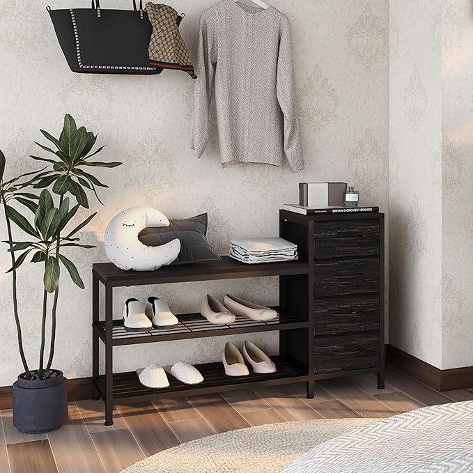 EXOTICA 3 Tier Entryway Bench Shoe Storage Bench with 4 Fabric Drawers Metal Frame and Wooden Board Shoe Rack Bench with Seat for Entryway Hallway Front Door Doorway
