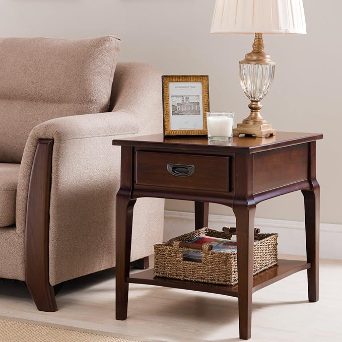 Leick Home Stratus End Table, 1 Drawer, Display Shelf, Solid Wood, 30 in x 12 in x 28 in, Heartwood Cherry, 22007
