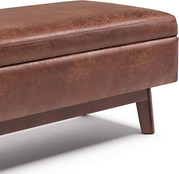 SIMPLIHOME Owen 48 inch Wide Mid Century Modern Rectangle Rectangular Storage Ottoman in Distressed Saddle Brown Vegan Faux Leather, Assembled, for the Living Room, Entryway and Family Room