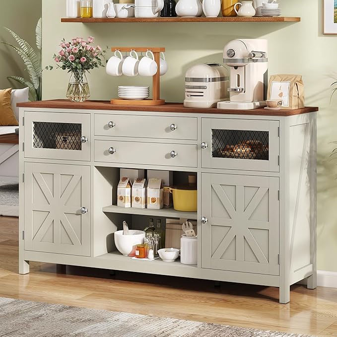 YITAHOME Farmhouse TV Stand for 65/55 Inch Television, Entertainment Center Television Stand with Drawers & Door, 59" Media Console TV Cabinet for Living Room, Antique White