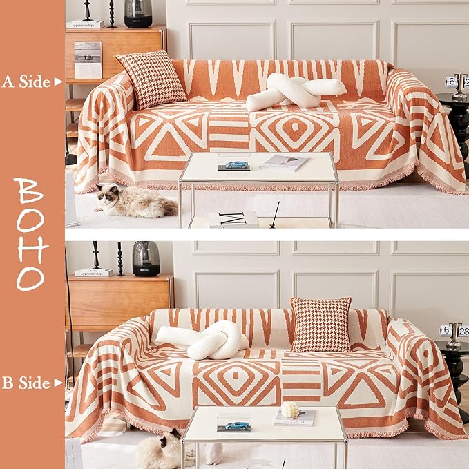 HANDONTIME Orange Sofa Cover for 3 Cushion Couch - Soft Chenille Loveseat Cover for Dogs - Boho Throw Cover Pet Furniture Protector - Thick Washable, 91" X118"