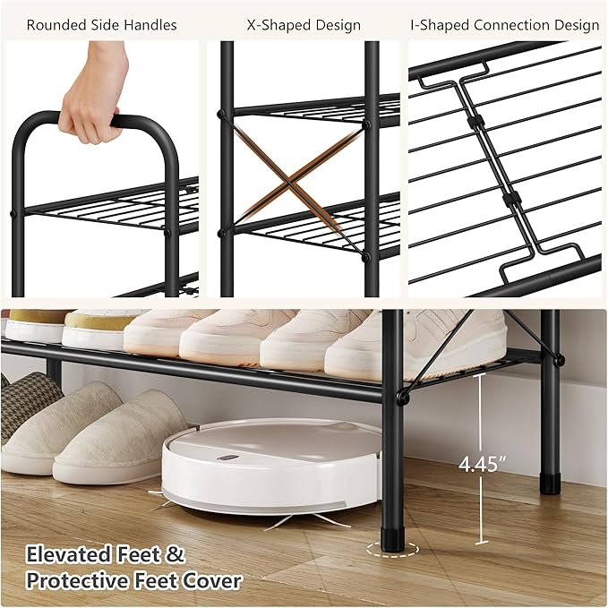Hoctieon 4 Tier Mesh Style Shoe Rack, Entryway Shoe Shelf, Shoe Storage Organizer, Shoe Rack for Closet, Space Save for Bathroom, Garage, Hallway, Bedroom, Living Room, Black