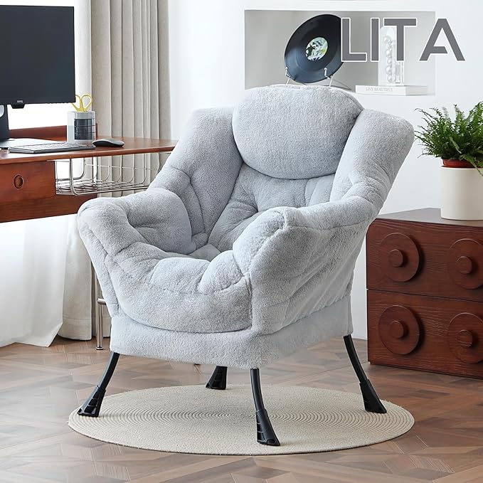 LITA Lazy Chair with Ottoman, Modern Accent Leisure Upholstered Sofa, Contemporary Lounge Reading Chair with Armrests and a Side Pocket for Living Room, Bedroom & Small Space, Single Plush Grey