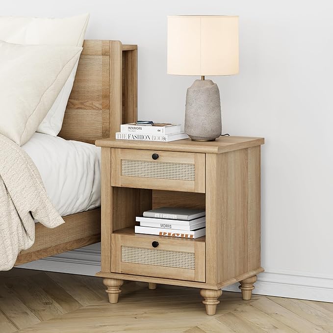 WAMPAT Set of 2 Rattan Night Stands Side Tables with Charging Station, Wood End Table for Living Room with Drawers & Shelf, Farmhouse Bedside Table Nightstand for Bedroom, Oak