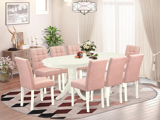 East West Furniture VAAS9-LWH-42 9 Piece Kitchen Table Set Mid-Century Includes A Dining Table and 8 Beige Red Polyester Fabric Upholstered Dining Chairs with Stylish Back- Linen White Finish