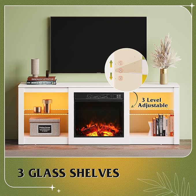 WLIVE 58 Inches Fireplace TV Stand with LED Lights, Modern Entertainment Center with 18'' Electric Fireplace & Adjustable Glass Shelves, Sturdy Media Console for Living Room, Bedroom,Gaming (White)