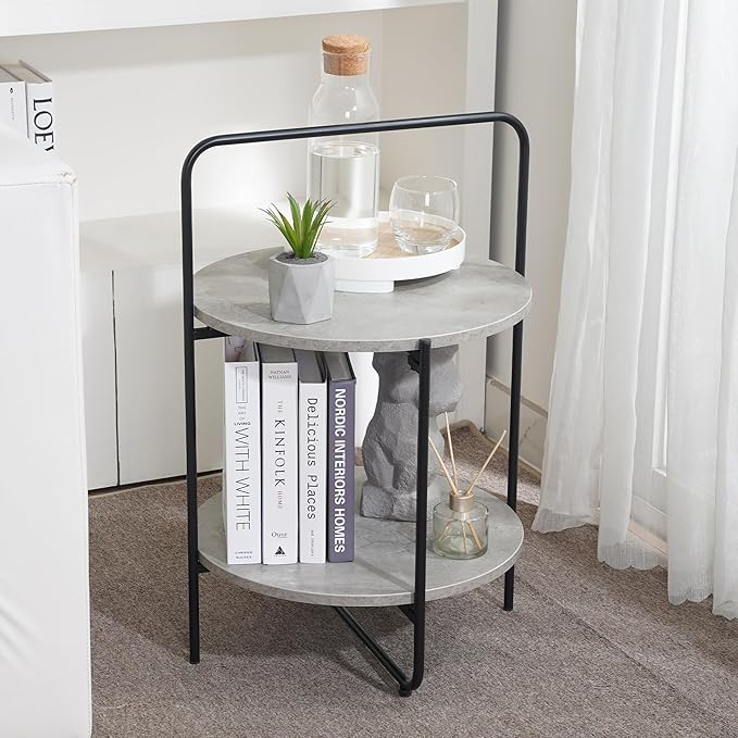 Mijas 2-Tier Side Table, Round End Table, A Stylish and Functional Addition for Home & Office, Perfect for Decor, Storage Solutions, and Enhancing Any Living Space (Cement)