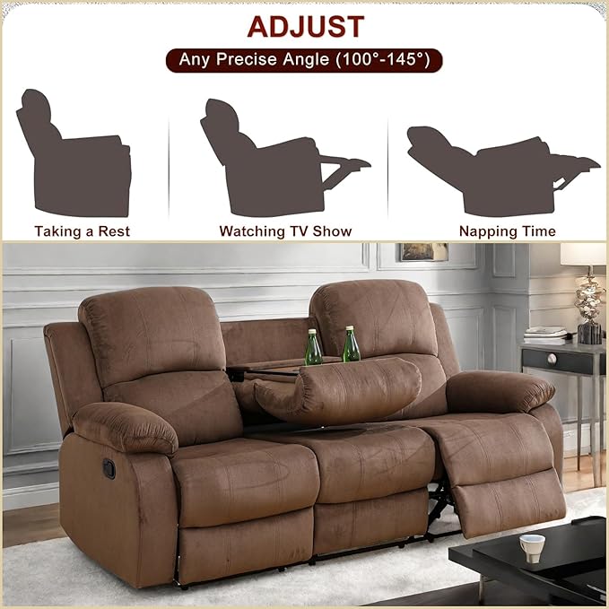 Recliner Sofa Couch, 3-Seater Home Theater Seating Reclining Sofa, Power Reclining Couch with Cup Holders & Drop Down Table for Living Room Furniture Sets, Brown