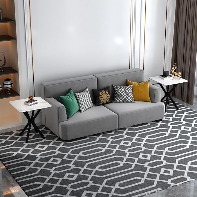 Square Side Table Set of 2, Modern Stylish End Table with Faux Marble Top and Black Metal Legs,Durable Sofa Side Table for Living Room Bedroom