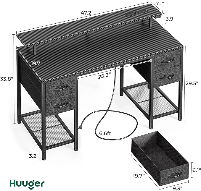 Huuger 47 inch Computer Desk with 4 Drawers, Gaming Desk with LED Lights & Power Outlets, Home Office Desk with Large Storage Space for Bedroom, Work from Home, Carbon Fibre Black