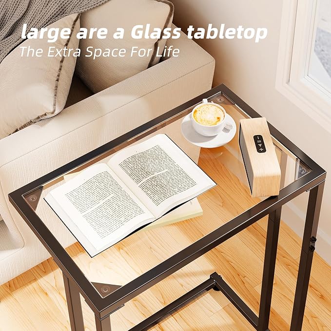 Simple Trending C Table Tempered Glass End Table, Couch Side Table, Snack Sidetable with Metal Frame, TV Tray Table for Small Space, Sofa Couch and Bed Side Table, Black