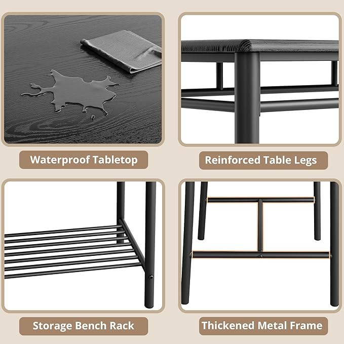 IRONCK Dining Table Set for 4, Kitchen Table with Upholstered Bench and 2 Chairs, Kitchen Table and Chairs Set for Small Space, Apartment, Black