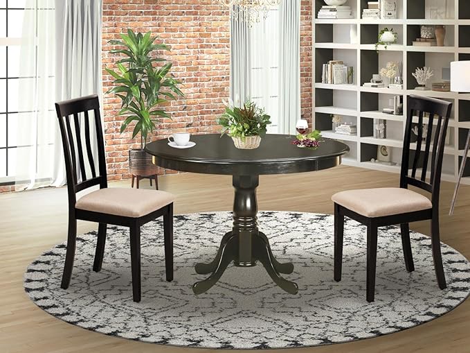 East West Furniture HLAN3-CAP-C 3 Piece Dining Table Set for Small Spaces Contains a Round Dining Room Table with Pedestal and 2 Linen Fabric Upholstered Chairs, 42x42 Inch, Cappuccino
