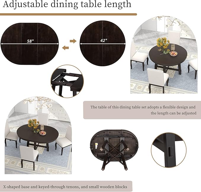 Farmhouse Style Expandable Round to Oval Dining Table with 16" Removable Leaf, Solid Wood Extendable Tabletop with Cross Trestle Legs, Space-Saving Kitchen-Tables for Home Apartment Restaurant