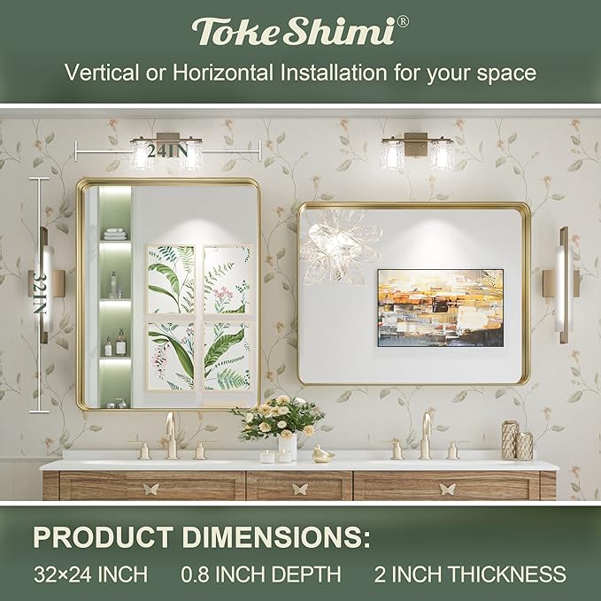 TokeShimi Bathroom Mirror for Wall 24 x 32 Inch Gold Brushed Brass Metal Rounded Corner Rectangle Mirror Wall Mirror in Metal Frame
