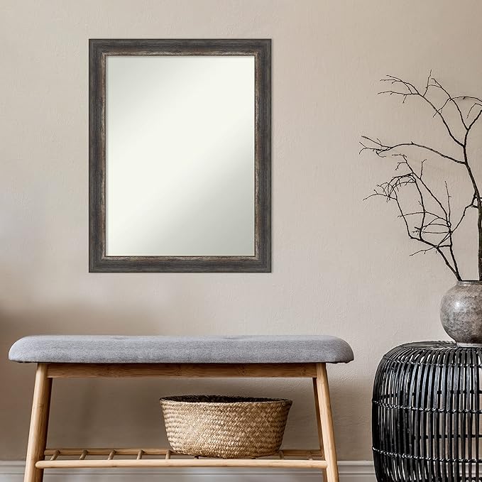 Amanti Art Brown Bathroom Mirror for Over Sink, 29x23 Bark Rustic Char Rectangle Vanity Mirror, Medium Country Rustic Frame, Hangs Horizonally and Vertically, Bathroom Wall Decor, Non-Beveled Edge