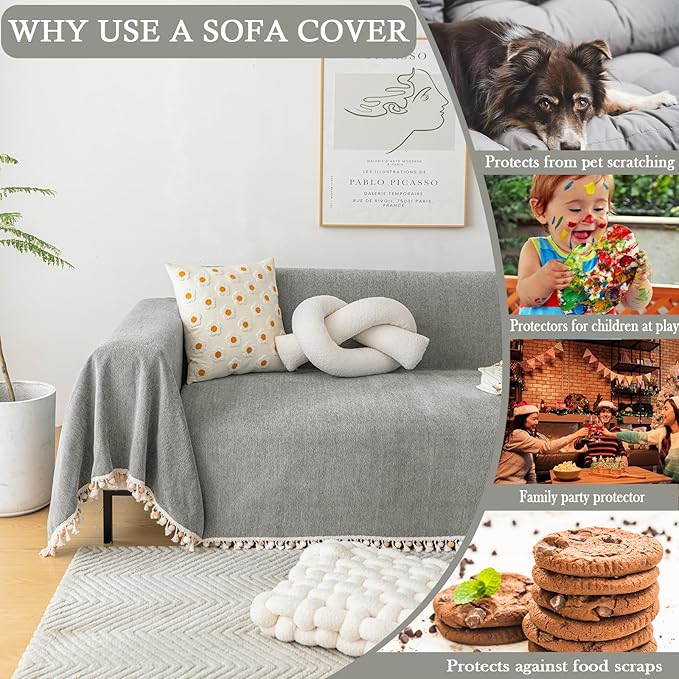 HANDONTIME Dark Grey Slipcover for Sofas - Boho Pet Couch Protector With Tassel - Chenille Herringbone Cover for 2-3 Seat Sofa - 91" X 134"
