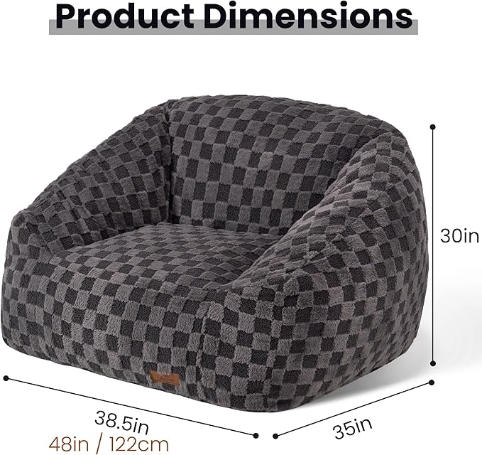 Bean Bag Chairs for Adults, Giant Beanbag Sofa Comfy Reading Chair, Oversized Bean Bag Chairs for Living Room Bedroom, Soft Faux Fur Fabric, 3.2FT, Dark Grey, Checkered