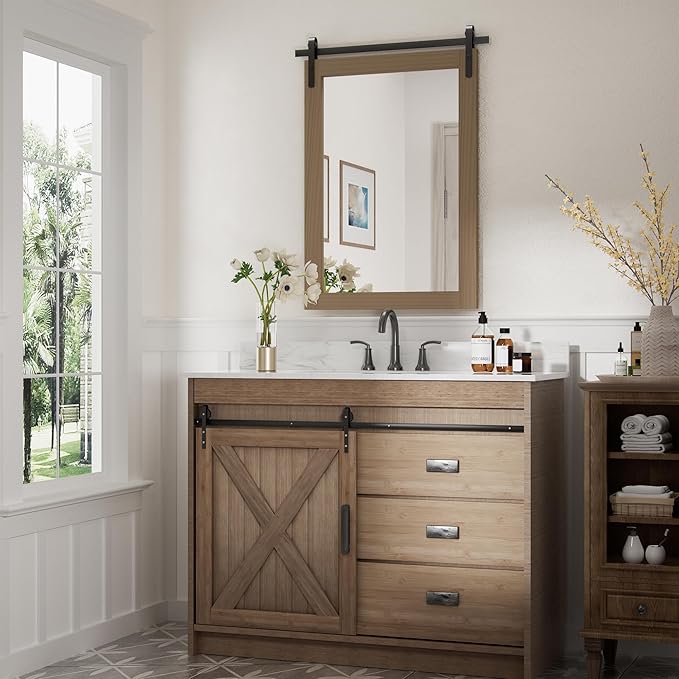 Brown Farmhouse Mirror for Wall, 22x30INCH Wood Framed Rectangle Bathroom Mirrors for Vanity, Barn Door Style Mirrors Wall Mounted Dresser Decor Mirror Living Room Bedroom Vertical