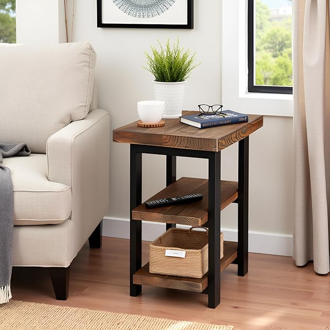 Pomona 3-Tier Solid Wood End Table with Storage Shelves – Rustic Industrial Space-Saving Side Table or Nightstand for Living Room, Bedroom, or Entryway by Alaterre Furniture