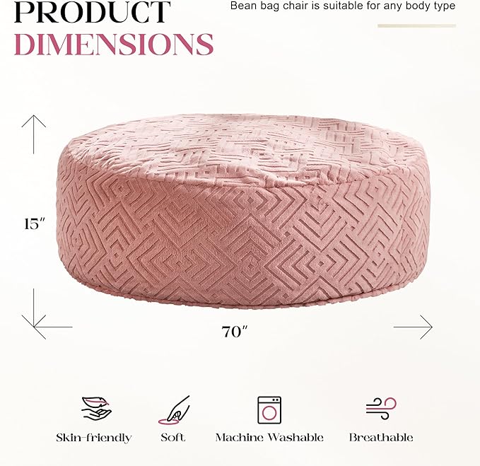 Hobestluk Bean Bag Chairs Adults Beanbag Chair with Filler Large Bean Bags with Fluffy Embossed Cover, Giant Bean Bag Chairs for Adults (Pink, 6FT - 70" x 70" x 15")