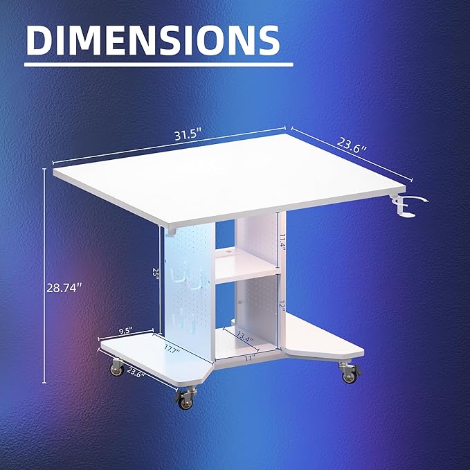 Pamray Small Rolling Gaming Desk with Led Lights Power Outlets and Storage Pegboard, Small Spaces Compact PC Computer Table White