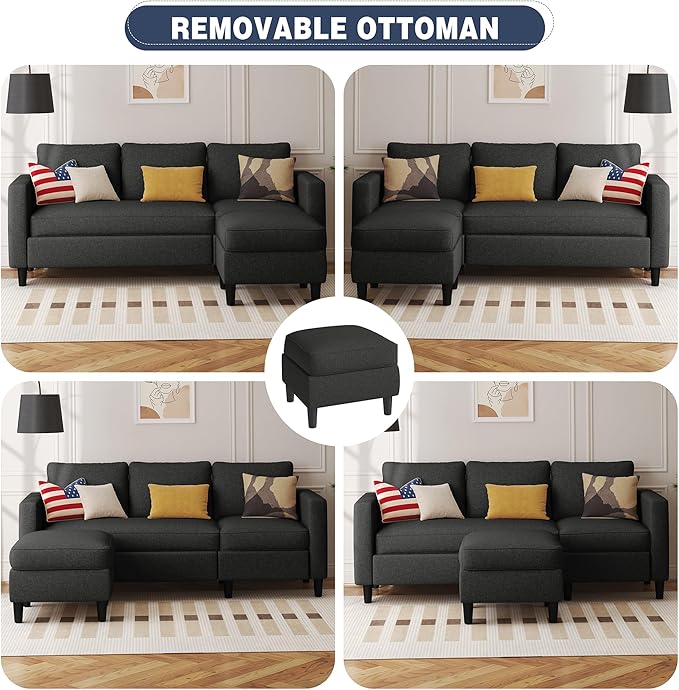 Small Sectional Sofa Couch, 3 Seat L Shaped Couches with Ottoman, Upholstered Fabric Convertible Sofa, Small Couch for Apartments, Living Room and Office (Black)
