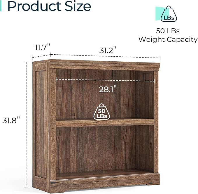 LINSY HOME 2-Tier Bookcase and Bookshelf, Small Wood Display Storage Shelves Farmhouse Bookshelf for Home Office, Living Room, Bed Room - Dark Brown