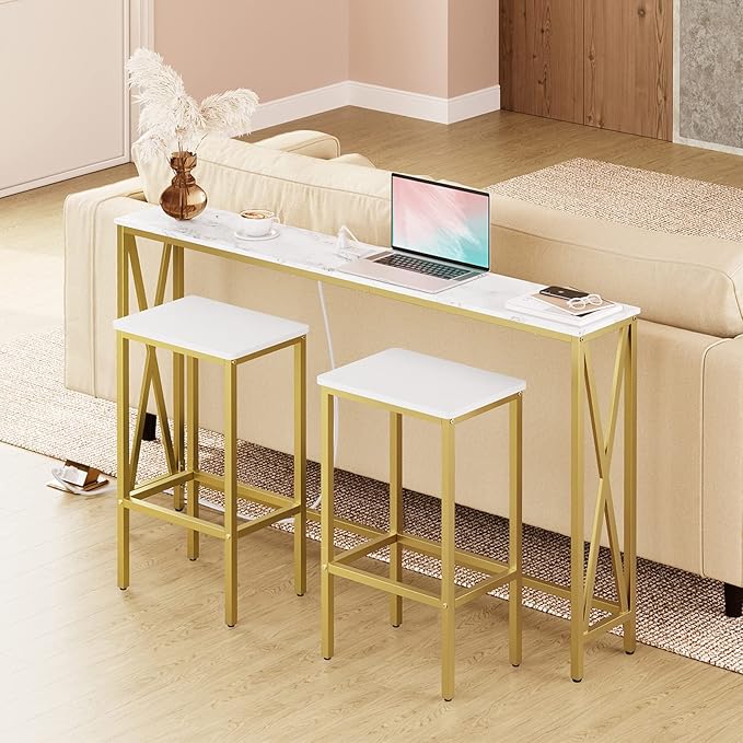 Bar Stools, Set of 2 Bar Chairs, Kitchen Breakfast Bar Stools with Footrest, 25.8-Inch Height, Rectangular Industrial Stools, for Dining Room, Easy Assembly, White and Gold BAJW0101