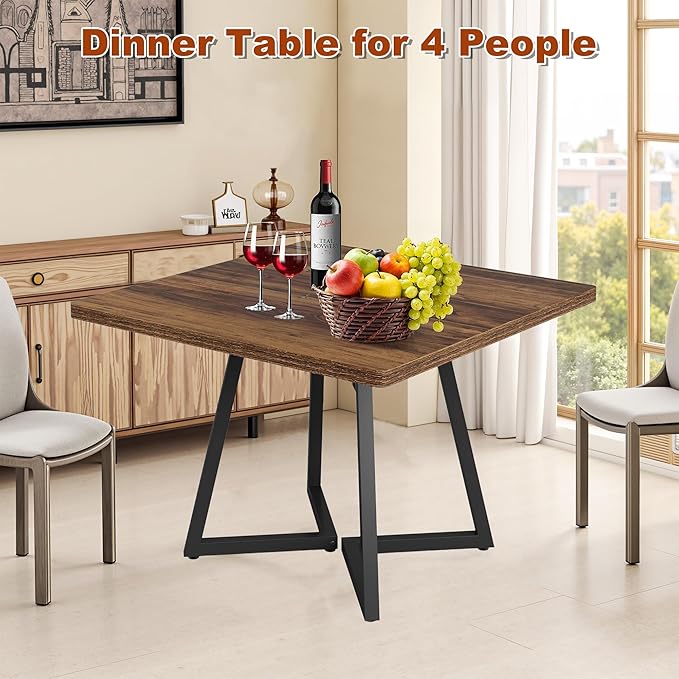Square Dining Table for 4, 31.5-Inch Farmhouse Dinner Table Wooden Kitchen Tables with Metal Base for Dining Room, Kitchen, Living Room, Brown