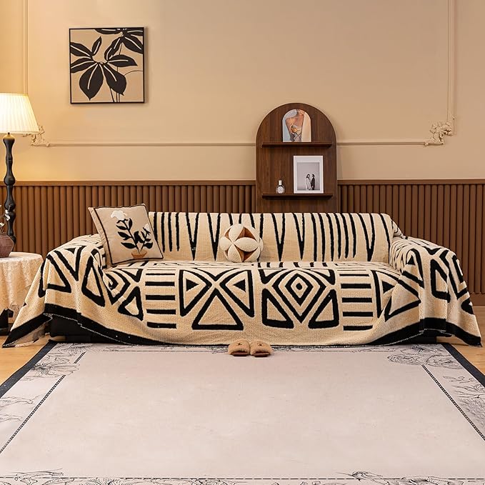 HANDONTIME Boho Sofa Covers for Dogs - Black and White, Beige Velveteen Couch Covers for 3 Cushion Sectional L-Shaped Couch - 71" x 150"