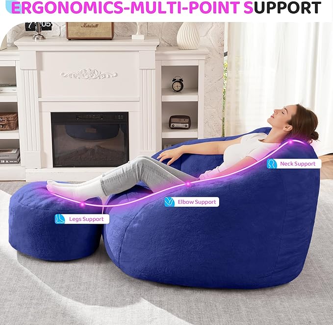 HABUTWAY Bean Bag Chair, Giant Bean Bag Chairs for Adults with Ottoman, Comfy Faux Fur Shell-Shaped Bean Bag Couch, Sofa Chair for Living Room, Bedroom, Navy Blue