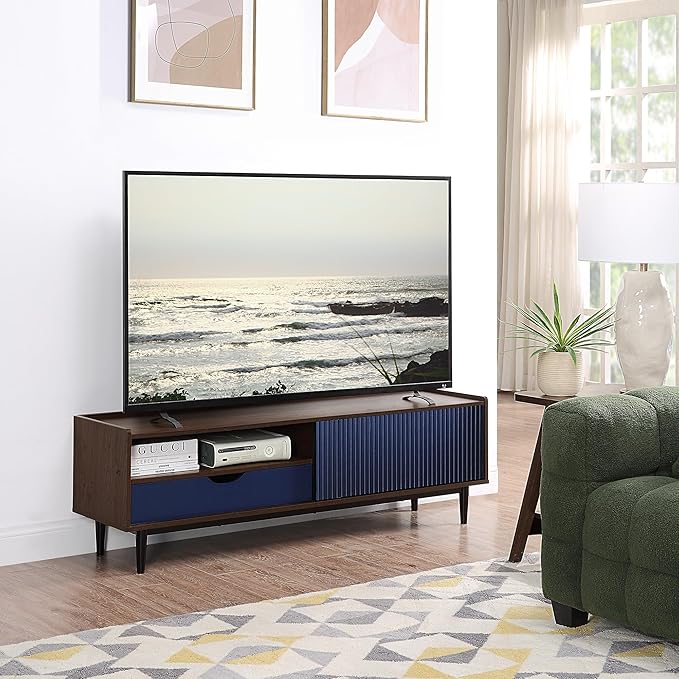 Manhattan Comfort Duane Modern Ribbed 55 Inch TV Stand with 1 Drawer, 2 Shelves, Sliding Door, and Wire Management, Mid-Century Style Entertainment Center and Media Console for Living Room, Navy Blue