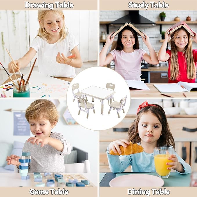Adjustable Kids Table & Chairs Set for Ages 3-8 | 31.5"x23.6" Easy-Clean Activity Table | Meets ASTM/CPSC Standards for Daycare, Homeschool & Playroom (Natural, 4 Chairs)