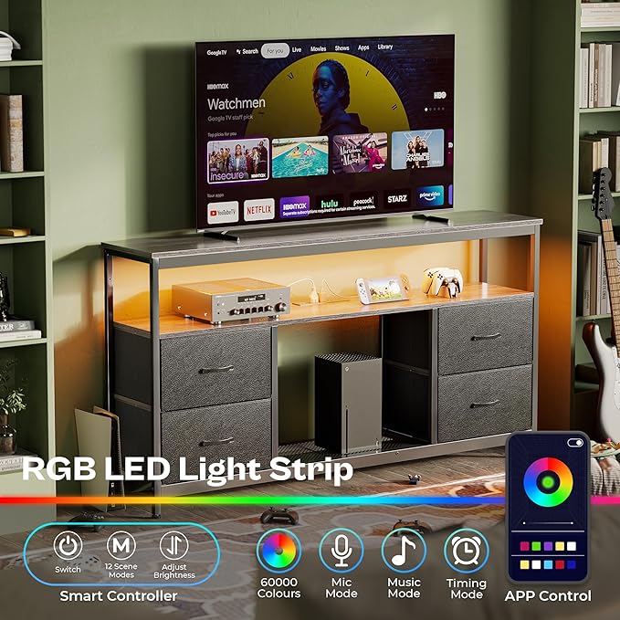 Huuger TV Stand Dresser with Power Outlets and LED Lights, 4 Drawers Entertainment Center with Shelves, 54in Media Console for 55 60 Inch TV, Dresser with PU Finish, Grey and Black