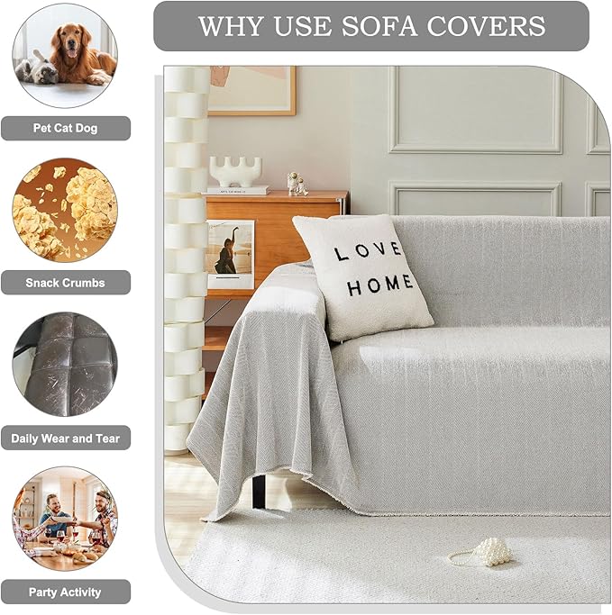 STACYPIK Silver Gray Chenille Sofa Covers, Herringbone Jacquard Sectional Couch Cover, Furniture Protector for 3 Cushion Couch, L-Shaped Sofa Covers for Loveseat, Washable Multi-use Blankets-91X134IN