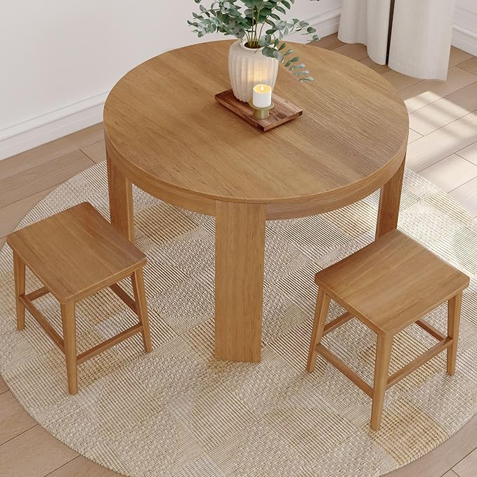 Plank+Beam Smythe Dining Stool, 18" Vanity Stools, Set of 2, Sturdy Wood Modern Kitchen Stool, Saddle Seat Backless Chair, Metal Footrest, Pecan