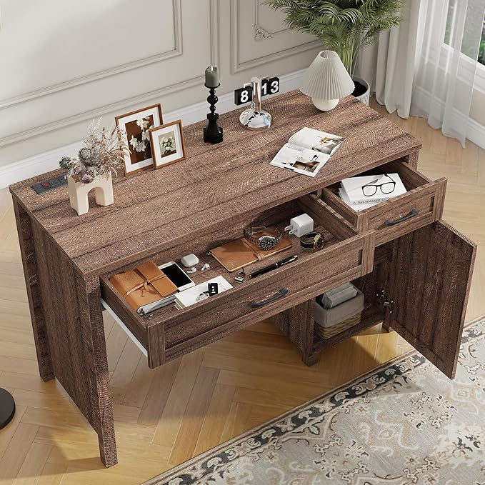 Farmhouse 47" Executive Desk, Computer Desk with Drawers and Storage Cabinet, Workstation Computer Desk for Home Office, Study.Red-Brown