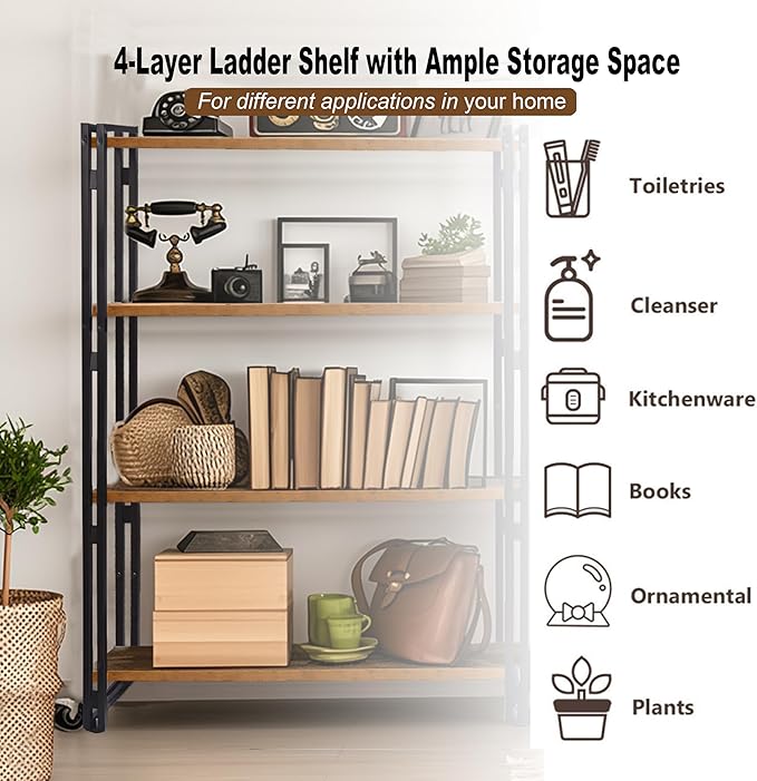 47" 4-Tier Bookshelf Rustic Wood and Metal Industrial Bookshelf for Home Office, Bedroom, Kitchen, Bathroom (Rustic Brown, 4-Tier)