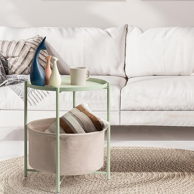 danpinera Round Side Table with Fabric Storage Basket, Metal Side Table Small Bedside Nightstand with Removable Tray Top for Living Room, Bedroom, Nursery, Laundry, Light Green