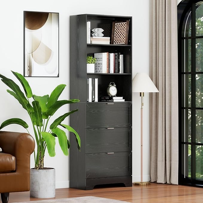 Modern Black Bookshelves and Bookcases with Drawers, 6 Tier Tall Bookshelf with Drawers, Industrial Wood Bookcase, Floor Standing Display Case with Storage,Living Room,Office